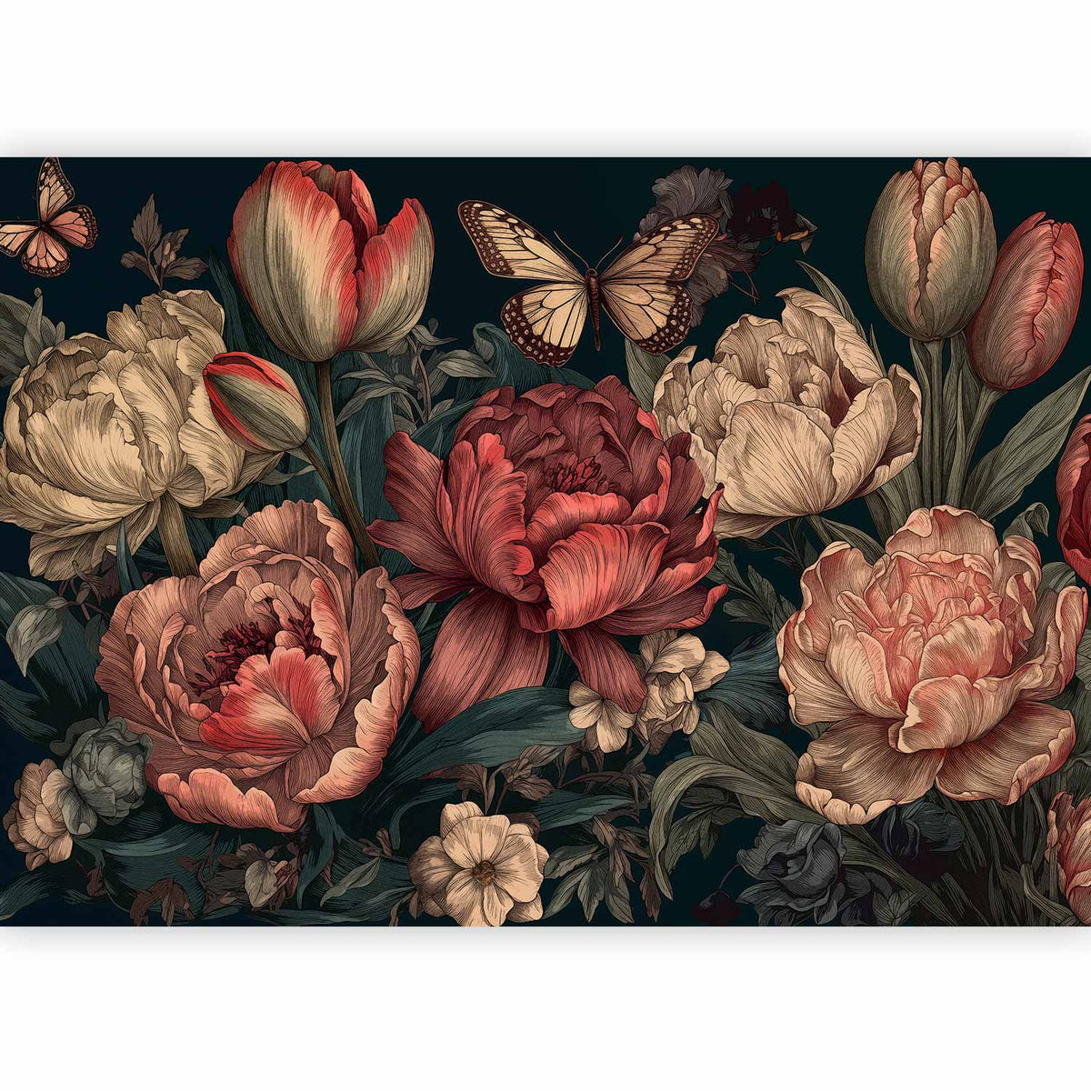 Pivoines gravées posées dans une chambre
