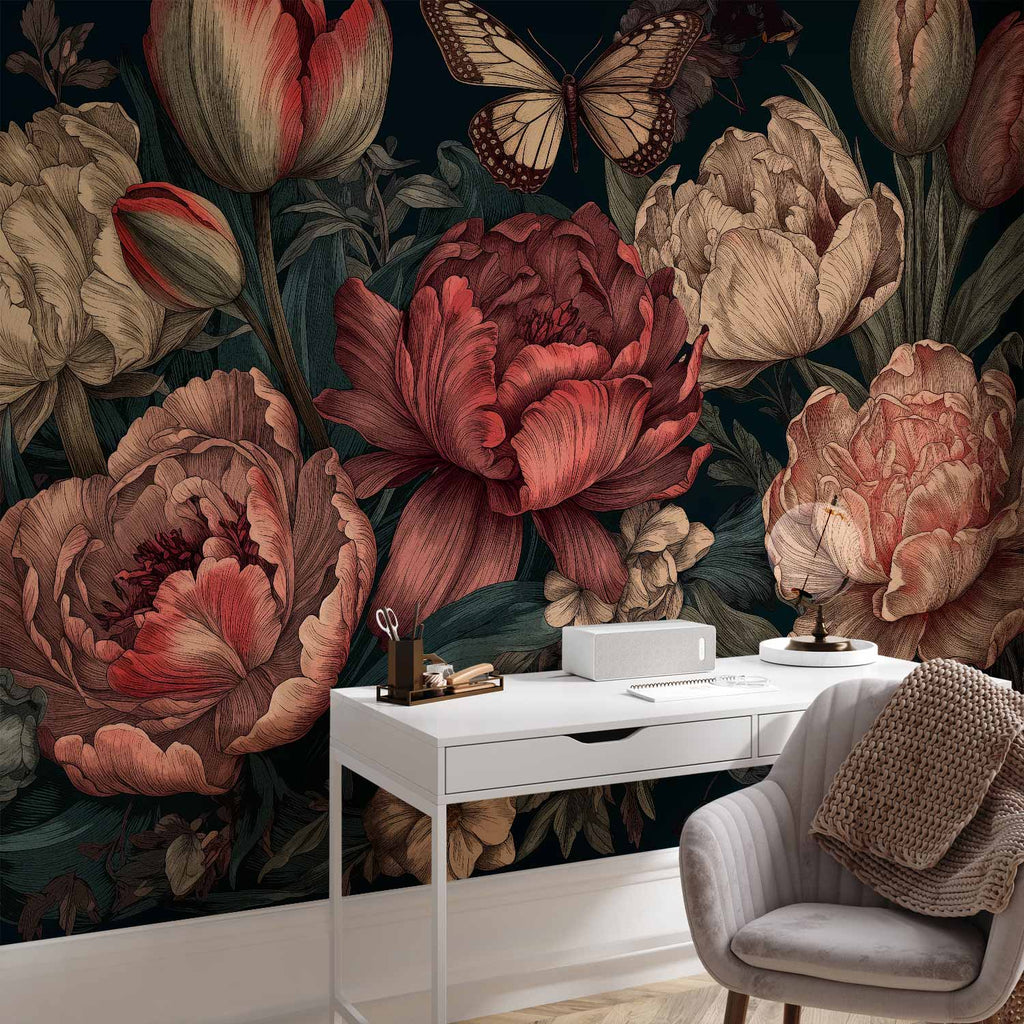 Détail du papier peint pivoines gravées