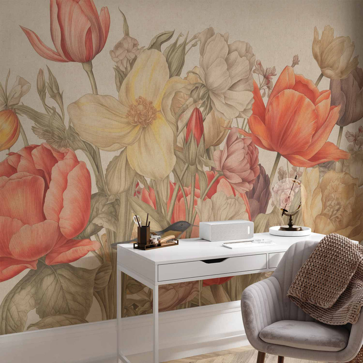 Détail du papier peint bouquet de tulipes