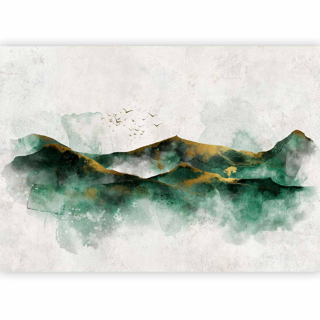 Montagnes d'encre verte et d'or posées dans un salon