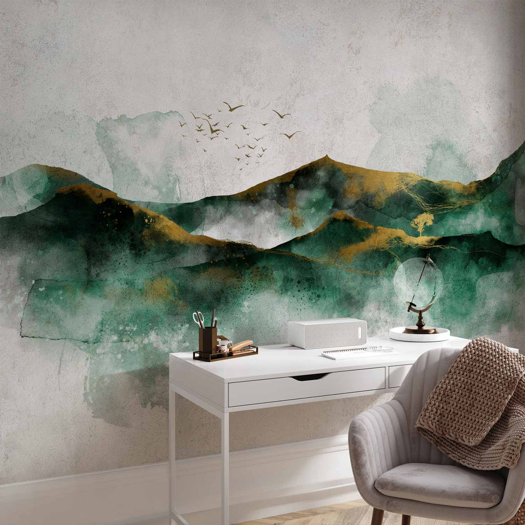 Détail du papier peint montagnes d'encre verte et d'or