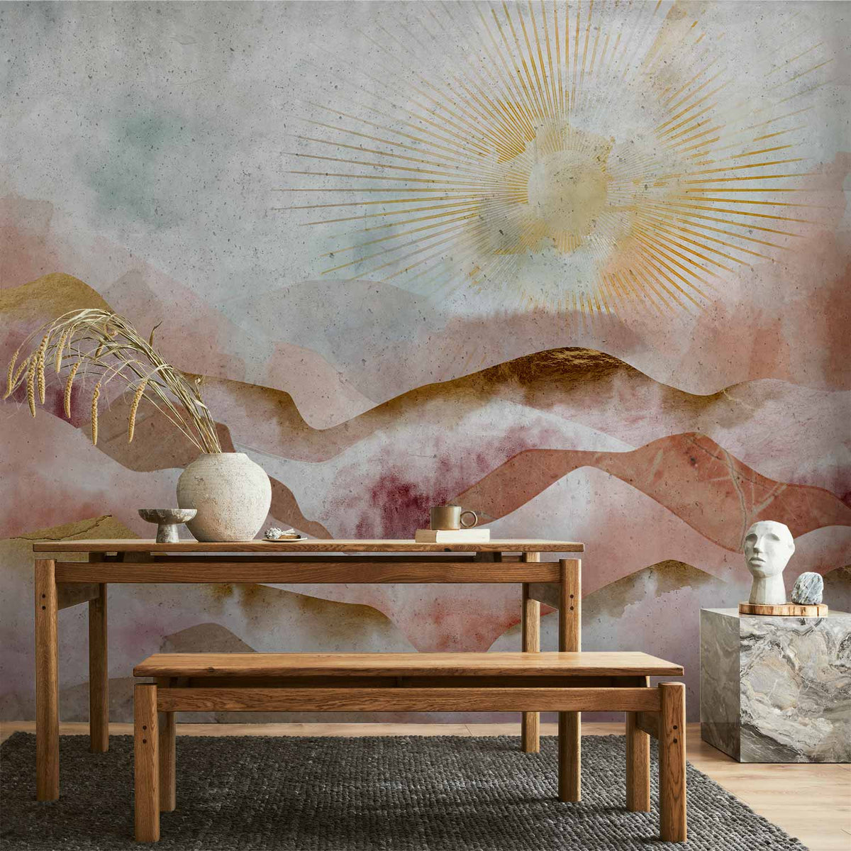 Détail du papier peint montagnes au soleil d'or