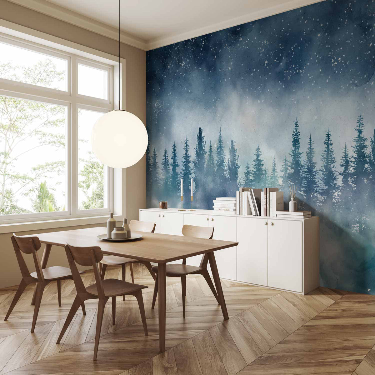 Détail du papier peint forêt de nuit