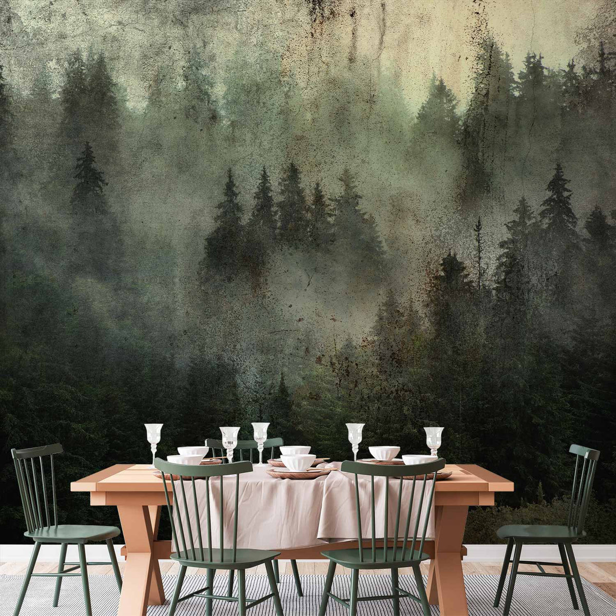 Détail du papier peint sapins dans la brume