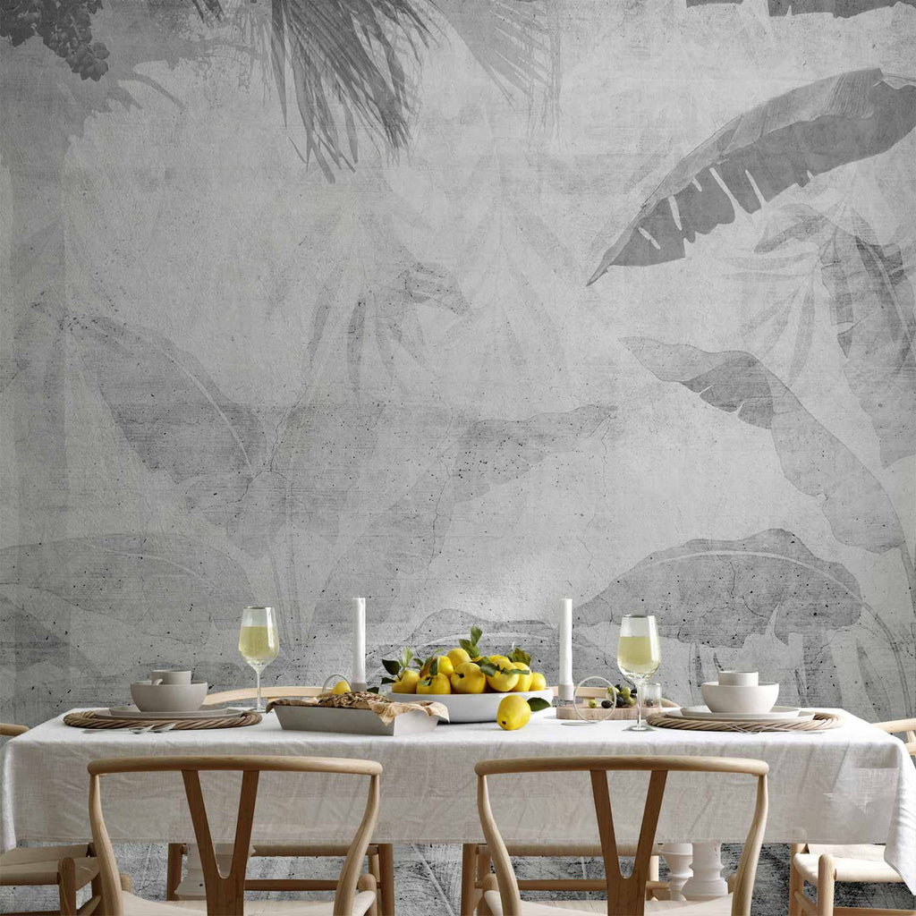 Détail du papier peint jungle en grisaille