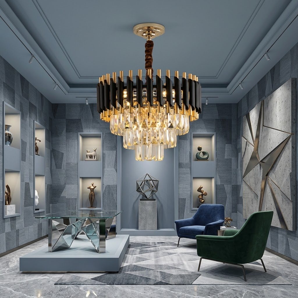 Lustre en cristal à étages noir et doré allumé dans un salon