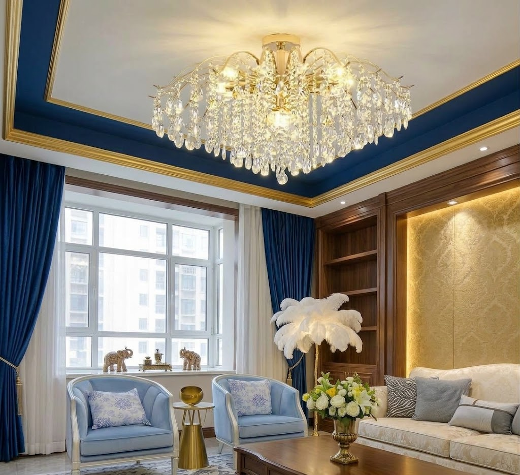 Plafonnier en cristal doré allumé dans un salon bleu et or